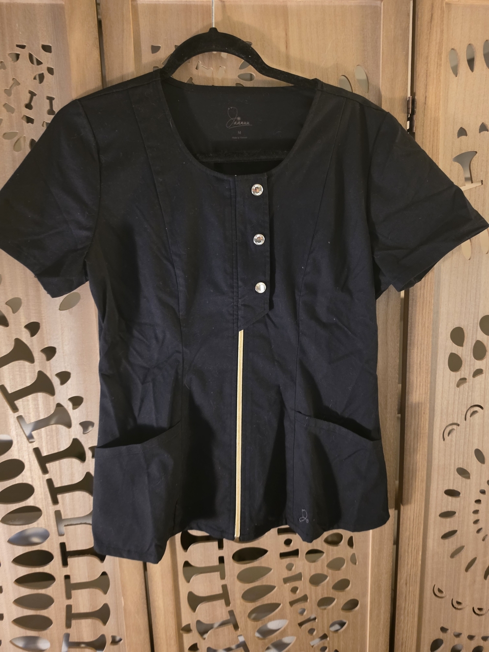 Jaanuu Black Button-Front Scrub Top with Gold Accent